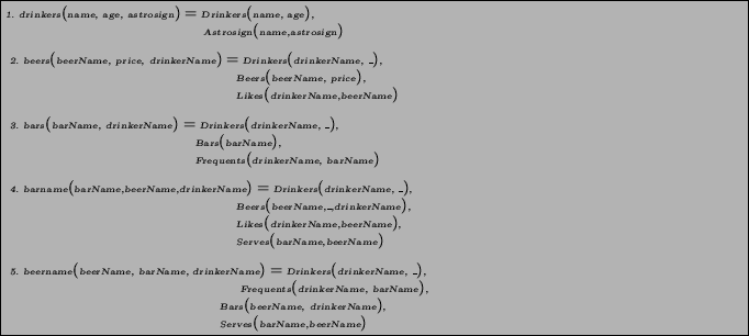 \begin{figure}\begin{pseudocode} 1. drinkers(name, age, astrosign) = Drinkers(na... ...(beerName, drinkerName), Serves(barName,beerName) \end{pseudocode}\end{figure}