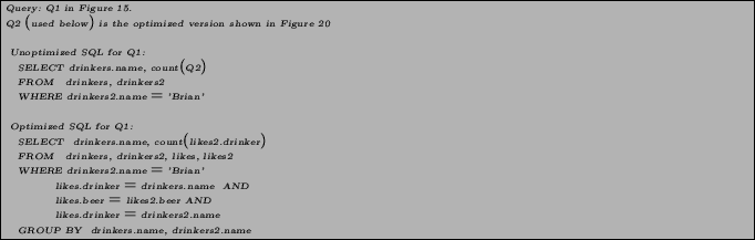\begin{figure} % latex2html id marker 952 \begin{pseudocode} Query: Q1 in Figure... ...nkers2.name GROUP BY drinkers.name, drinkers2.name \end{pseudocode}\end{figure}