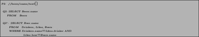 \begin{figure}\begin{pseudocode} P2: //beers/name/text() \par Q2: SELECT Beers.n... ...kers.name=Likes.drinker AND Likes.beer=Beers.name \end{pseudocode}\end{figure}