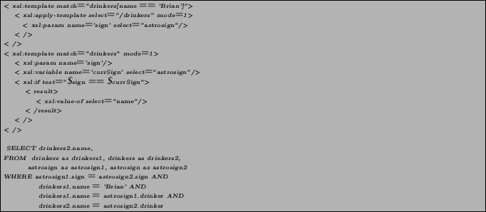 \begin{figure}\begin{pseudocode} \lt xsl:template match=''drinkers[name == 'Bria... ...1.drinker AND drinkers2.name = astrosign2.drinker \end{pseudocode}\end{figure}