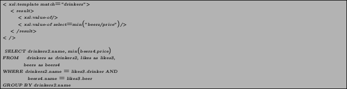 \begin{figure}\begin{pseudocode} \lt xsl:template match=''drinkers''\gt \lt res... ... beers4.name = likes3.beer GROUP BY drinkers2.name \end{pseudocode}\end{figure}