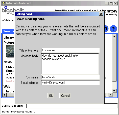 Figure 9.  I2I's
calling card functionality integrated with the Watson information
access assistant.