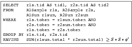 \fbox{ \begin{minipage}{2.5in} \begin{tabbing} {\tt SELECT&nbsp;&nbsp;&nbsp;r1s.tid AS tid1,... ...M(r1sum.total * r2sum.total) $\geq S*S*\phi'$} \end{tabbing} \end{minipage} }