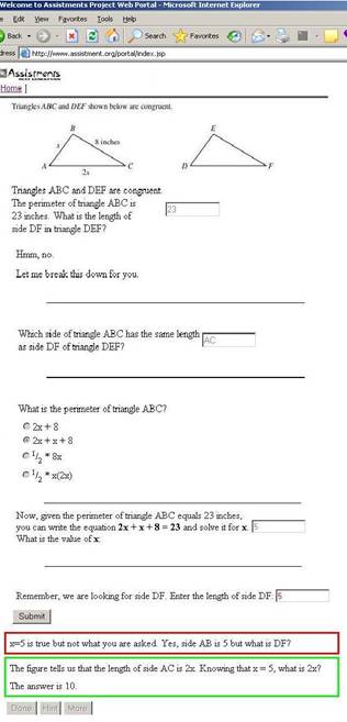 Figure 3. An ASSISTment shown just before a student hits the &ldquo;Submit&rdquo; bottom, showing two different hints and one buggy message that can occur at different points.