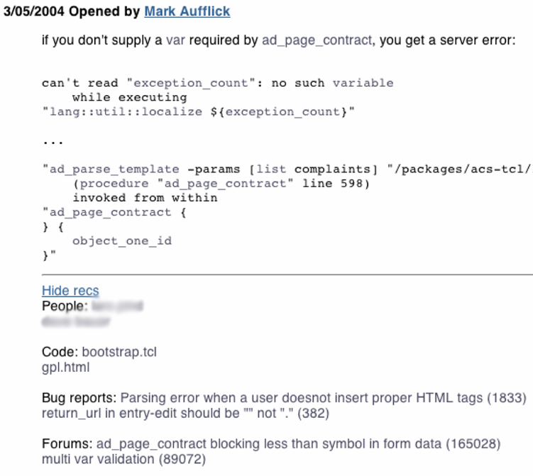 A bug report in Dhruv, displaying the highlighted links and artifact and people recommendations for each bug report message