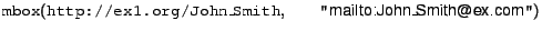 $\syntax{mbox}(\syntax{http://ex1.org/John\_Smith},\ &nbsp;&nbsp;&nbsp;&nbsp;&nbsp;&nbsp;&nbsp;&nbsp;\syntax{''\url{mailto:John_Smith@ex.com}''})$
